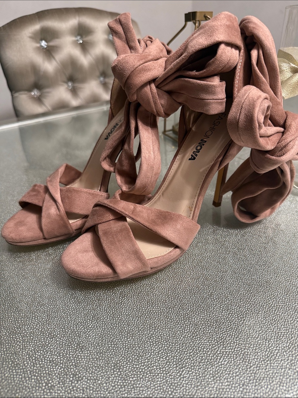 Fashion Nova Dusty Rose Suede Wrap-Strap Stiletto Sandals